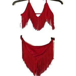 Lotions and Lace Red Satin Fringe two piece dancewear set